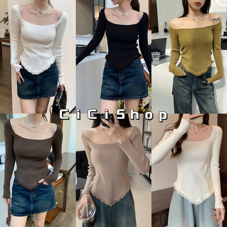 Cicishop(M1166)เสื้อไหมพรมแขนยาวคอเหลี่ยม สีพื้น ดีเทลปลายรุ่ย ใส่สบายได้ทุกโอกาส