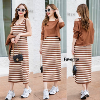 🌈🌿🌺🌸🌼🧡🇰🇷 Knit Stripe Sleeveless Maxi Dress&amp;Cardigan Long Sleeve Set