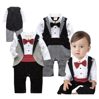 Baby Tuxedo ชุดทักซิโด้เด็กทารก ชุดติดกัน โบว์แดง 3-18 เดือน