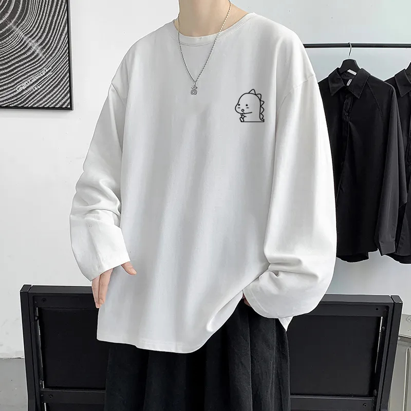 ได้รับความนิยมอย่างมากในเกาหลี สไตล์เรียบง่าย สีขาว เสื้อยืดแขนยาวผู้ชายM-3XL