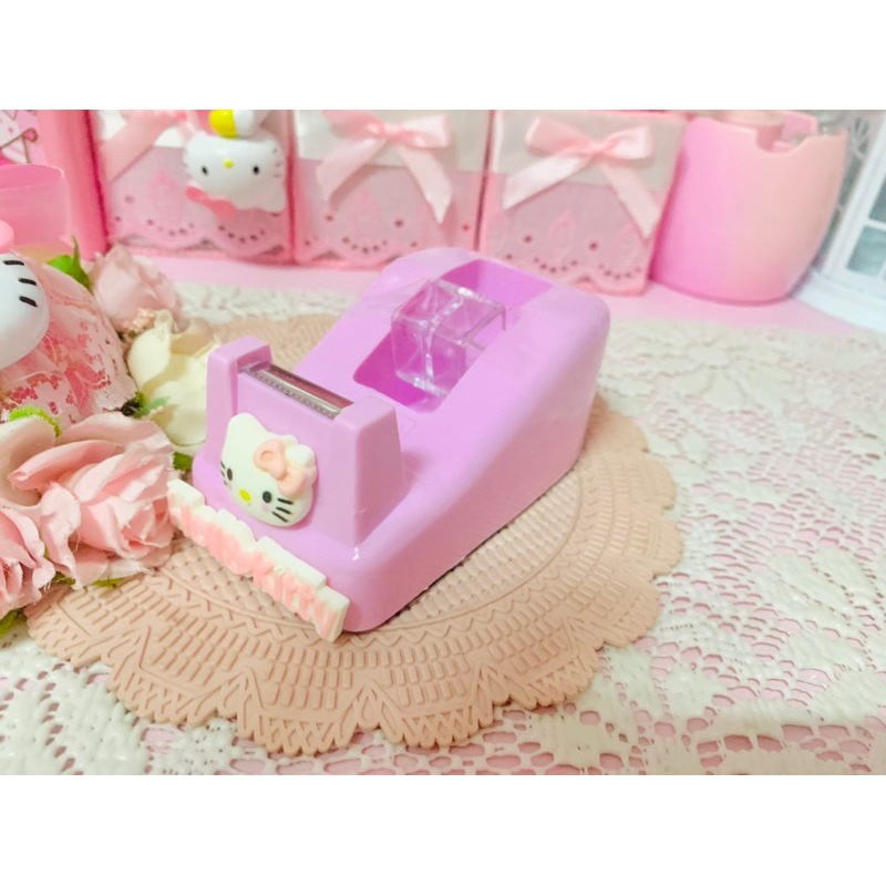 แท่นตัดสก๊อตเทปใสเล็กแท่นตัดเทปใสแกน1นิ้วสีชมพูคิตตี้
