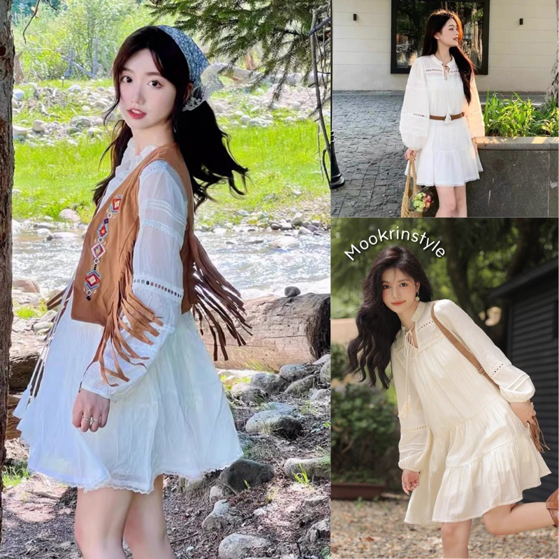 🍂พร้อมส่งเลยค่ะ🍂มินิเดรสลายฉลุสีขาว พร้อมเข็มขัด งานสวยมากมีซับใน สไตล์โบฮีเมียนไซส์ใหญ่ Mookrinstyle