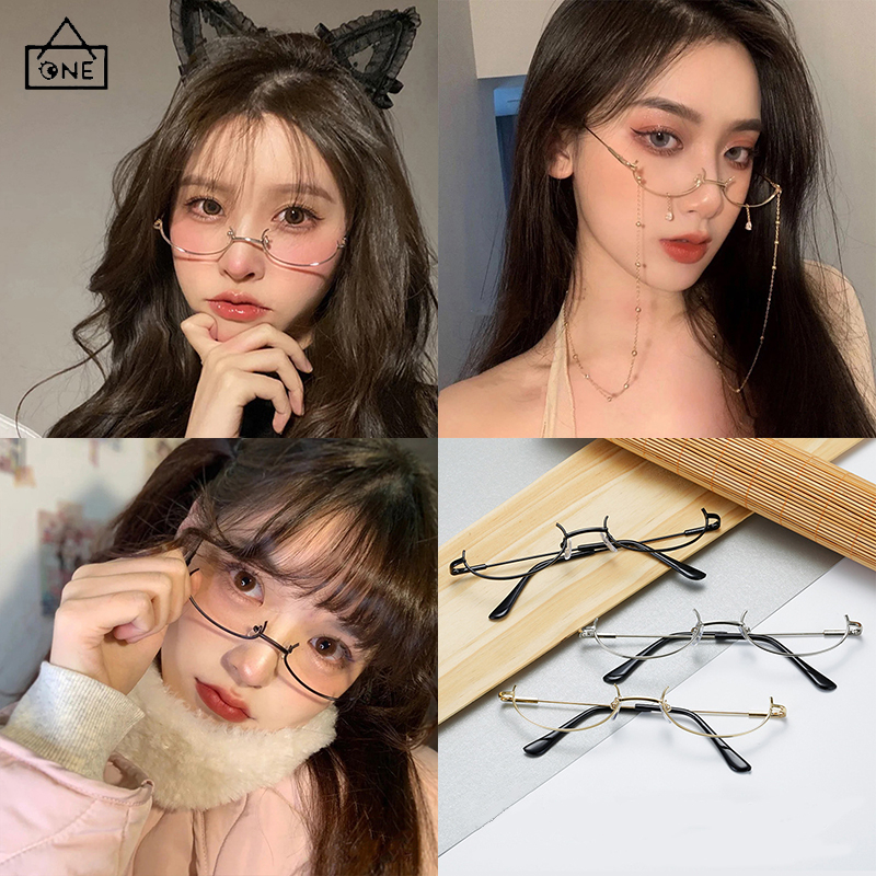 COD❤️พร้อมส่ง-กรอบแว่นตาแบบครึ่งกรอบโลหะหรูหราแฟชั่นเกาหลีละเอียดอ่อนCOSสวมบทบาทนักเรียนไม่มีเลนส์สำหรับผู้หญิง-a.one