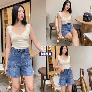 กางเกงยีนส์ขาสั้น เอวสูง ผ้ายืด ทรงคาร์โก้ กระเป๋าปะหน้า #NN9612