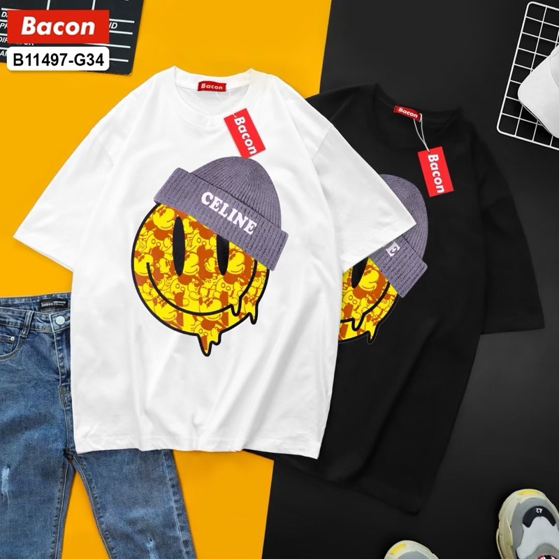 🌟STF_SHOP🌟เสื้อยืดOVERSIZE แขนสามสวนคอกลม ผ้าcotton Smileใส่หมวก อก 46 ยาว 28