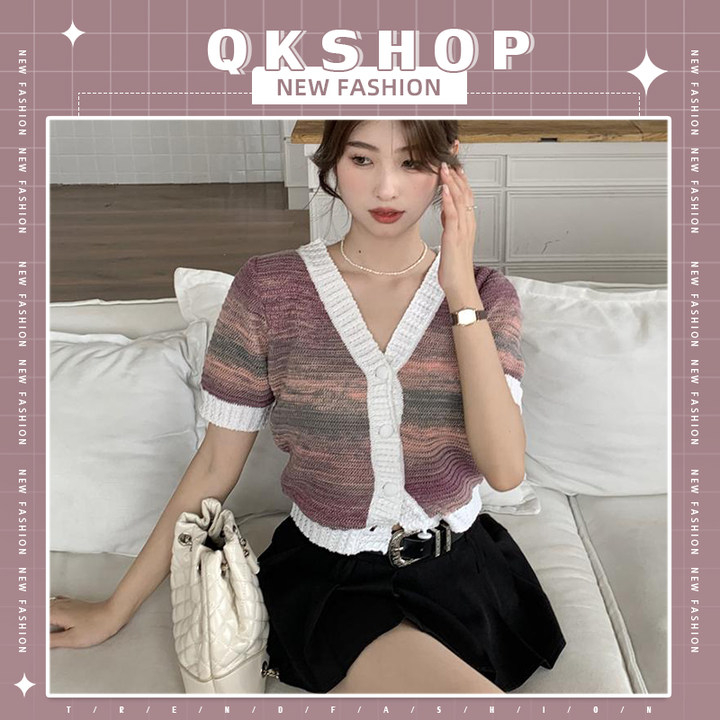 QKshop สีสุดปัง เสื้อยืดไหมพรมคอวีแขนสั้นปลายจั๊ม ไหมพรม กระดุมเม็ดใหญ่3อันใช้งานได้จริง เนื้อผ้านิ่มใส่สบาย สั่งได้เล