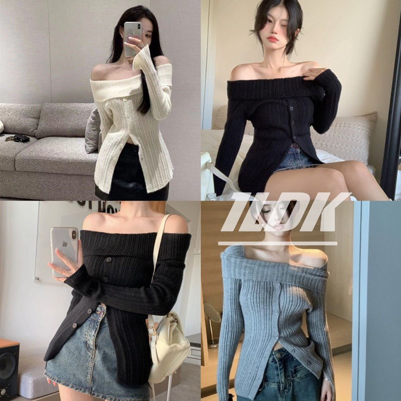 1ldk พร้อมส่ง เสื้อแขนยาว เปิดไหล่ไหมพรม ใส่ได้ 2แบบสุดเซ็กซี่(3199)