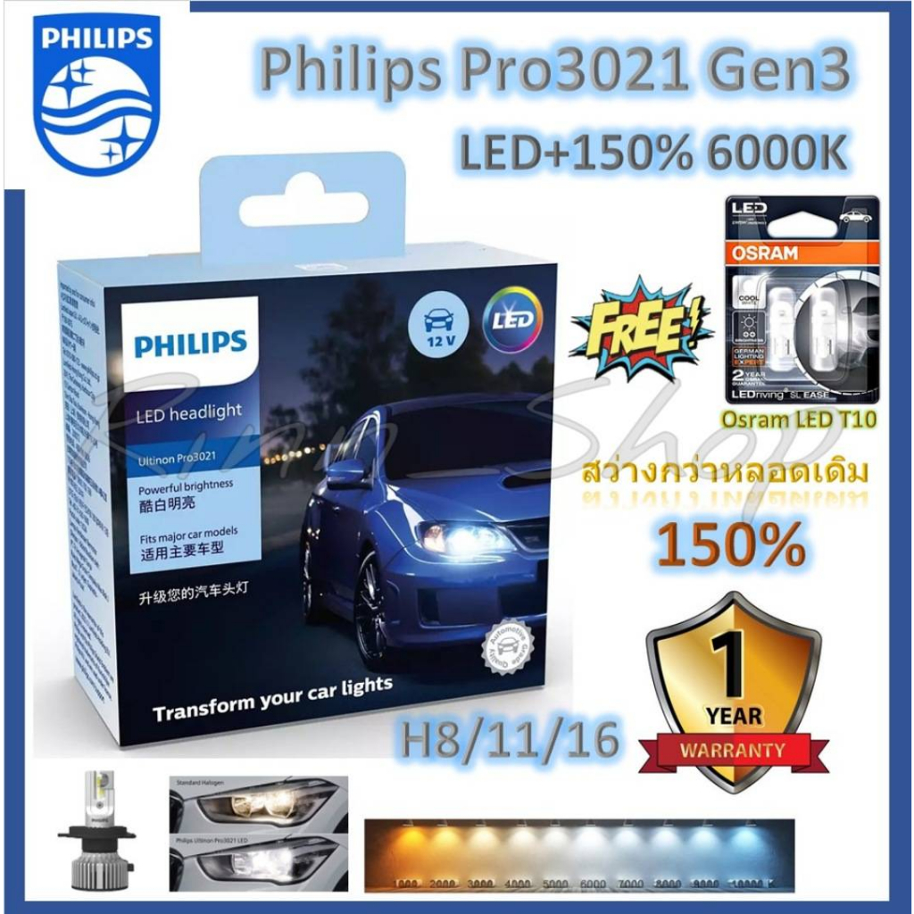 Philips หลอดไฟตัดหมอก Ultinon Pro3021 LED+150% 6000K H8/11/16 (12/24V) แถมฟรี Osram LED T10