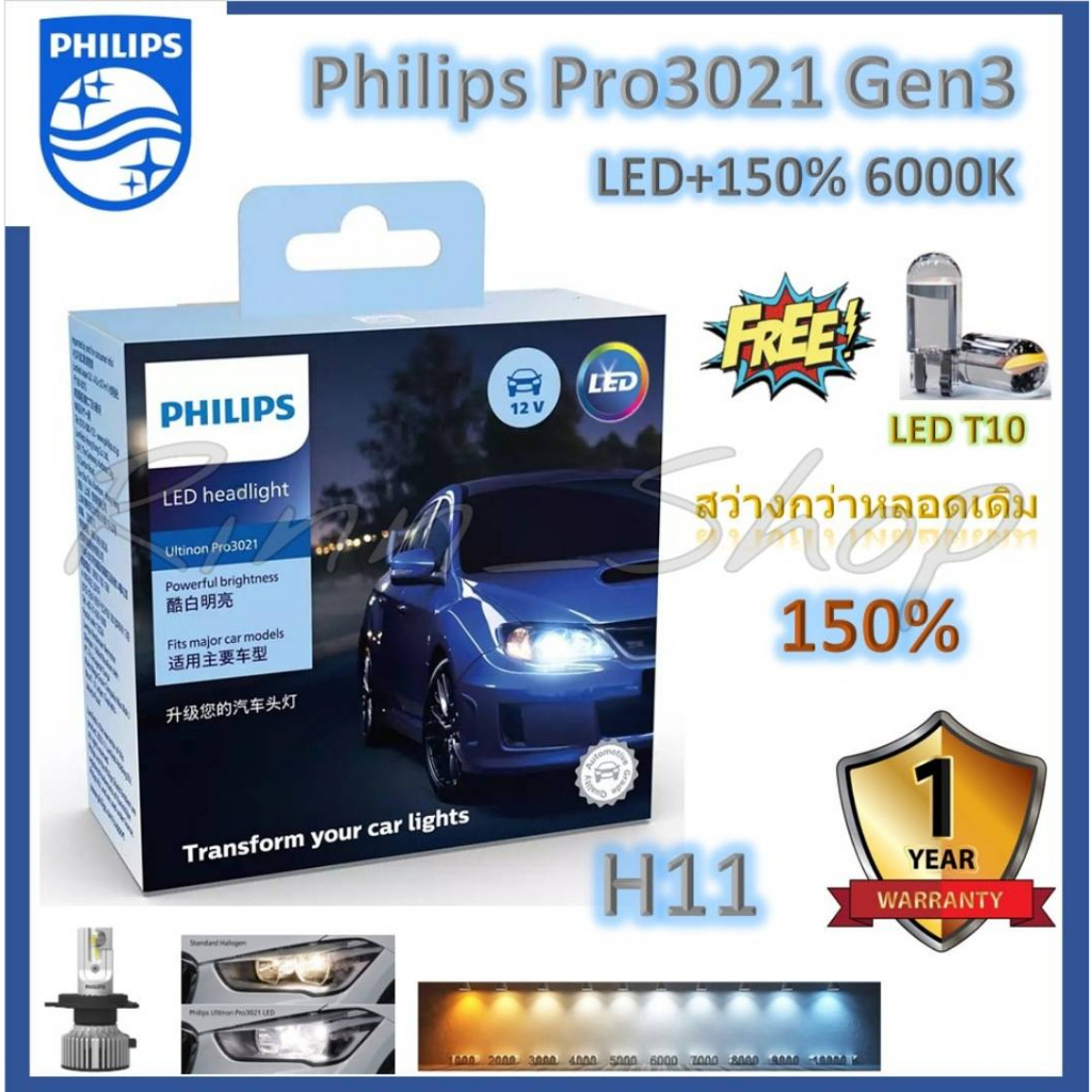 Philips หลอดไฟหน้ารถยนต์ Ultinon Pro3021 LED+150% 6000K (12/24V) H11 ( 2 หลอด/กล่อง ) แถมฟรี LED T10
