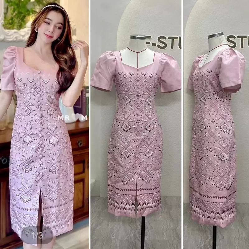 สั่งเฉพาะในไลท์สดเท่านั้น  ปกติ490sale389เดรสผ้าไทย แต่งกระดุม  ผ่าหน้า  งานน่ารัก