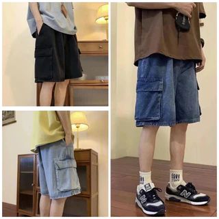 กางเกงยีนส์ขาสั้น cargo เอวยางยืด ผู้ชาย 3 สี