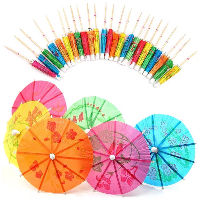 028 ไม้จิ้มคอกเทล 100 ชิ้น หลากสี ร่มค๊อกเทล ไม้จิ้มผลไม้