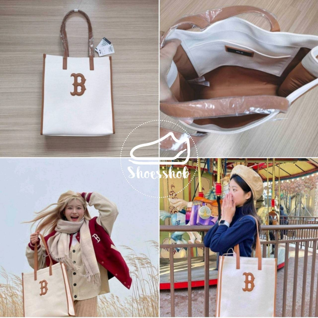 ของแท้ 💯% MLB Basic Canvas Vertical Tote Bag กระเป๋าสะพายข้างใบใหญ่ สีเทาดำ NY 🖤🖤/สีครีมน้ำตาล B 🤎🤎 