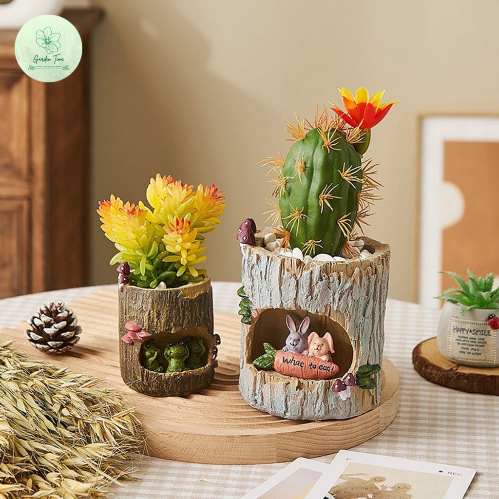 กระถางขอนไม้ กระถางเรซิ่น กระบองเพชร แคตตัส กุหลาลหิน ไม้อวบน้ำ ขอนไม้ Log Animal House Resin Pot