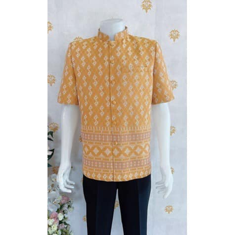 ▶️พร้อมส่ง ◀️ เสื้อสูทชายลายขอ สีเหลือง M ผ้าไทยไหมประดิษฐ์