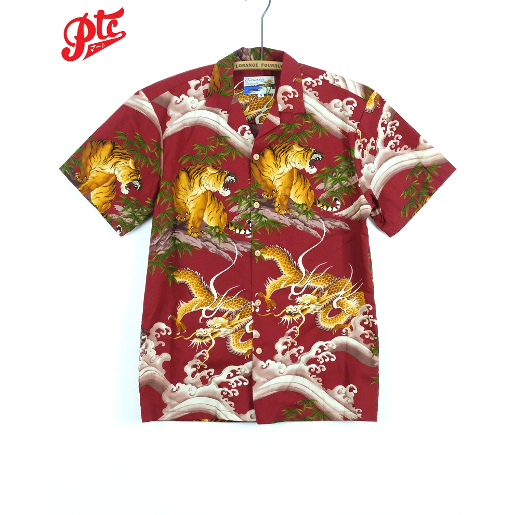เสื้อฮาวาย PARADISE FOUND WAIMEA CASUALS "DRAGONS &amp; TIGERS" RED 100% COTTON MADE IN HAWAII