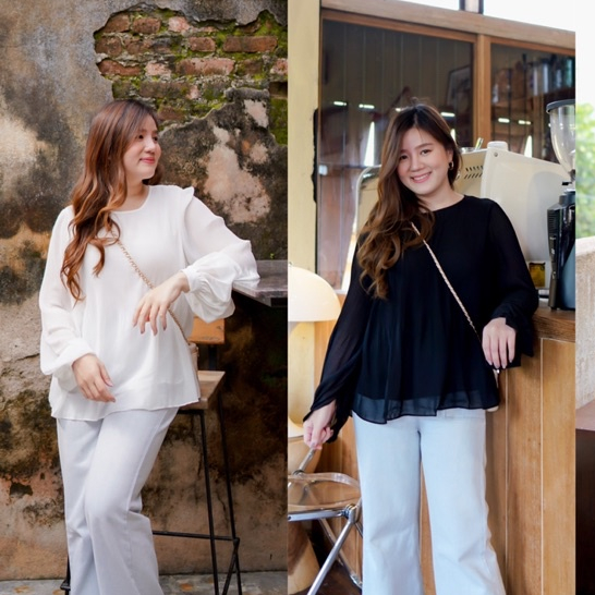 MASS Plus Collection : เสื้อแขนยาวอัดพลีท คอกลม ใส่ทำงานได้ - Top Chiffon 3 สี
