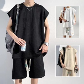 เสื้อกีฬา+กางเกงขาสั้นผู้ชายสไตล์อเมริกันชุดสูทแขนกุด + กางเ…