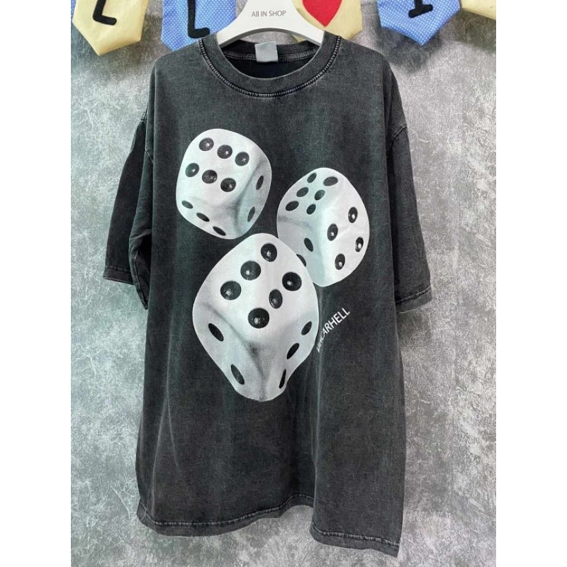 [เสื้อยืดฟอกวินเทจ]อก44-46ยาว28-29(ลายลูกเต๋า)