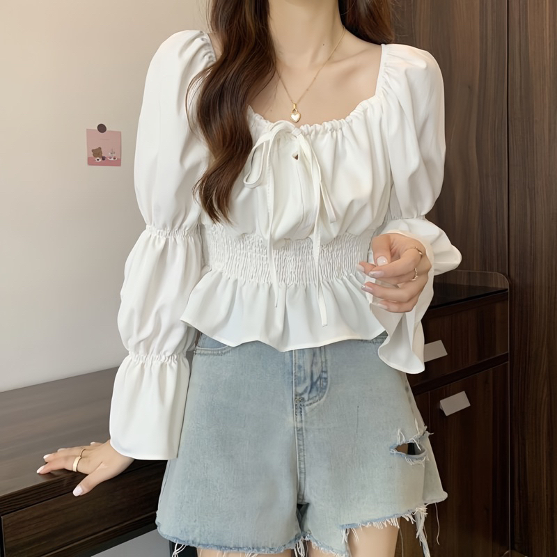 สาวอวบ 🍒เสื้อปาดไหล่สม็อคเอวแขนยาว CPCSDLTS99 (สาวอวบ พลัสไซส์ ไซส์ใหญ่ 45-100kg. มีทุกไซส์) Cherrypinkcloset