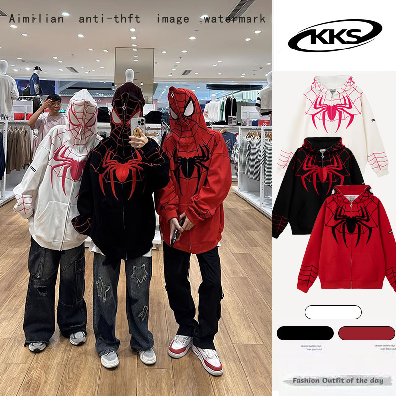 KKS เสื้อกันหนาวมีฮู้ด พิมพ์ลายแมงมุม ทรงหลวม สไตล์อเมริกัน ฤดูใบไม้ร่วง และฤดูหนาว สําหรับผู้หญิง