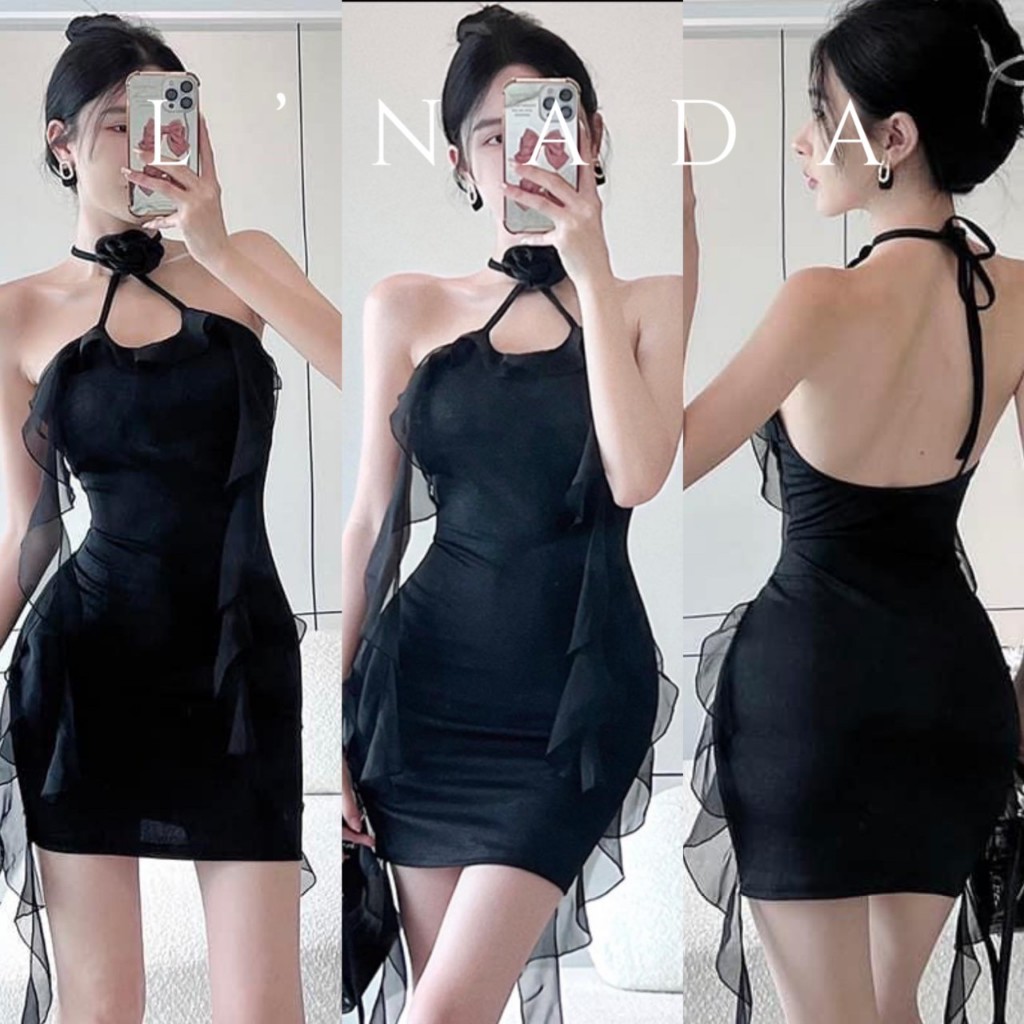 เดรสกุหลาบ 2สี ขาวดำ คล้องคอดีเทลแต่งระบายผ้าชีฟองสุดเก๋ ใส่สวยมาก (กุหลาบใหม่)