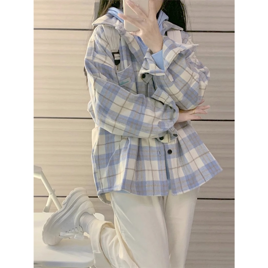 MC2031 เสื้อเชิ้ตแขนยาว ลายสก๊อต ทรงหลวม ความยาวปานกลาง แฟชั่นฤดูใบไม้ร่วง สําหรับผู้หญิง free size
