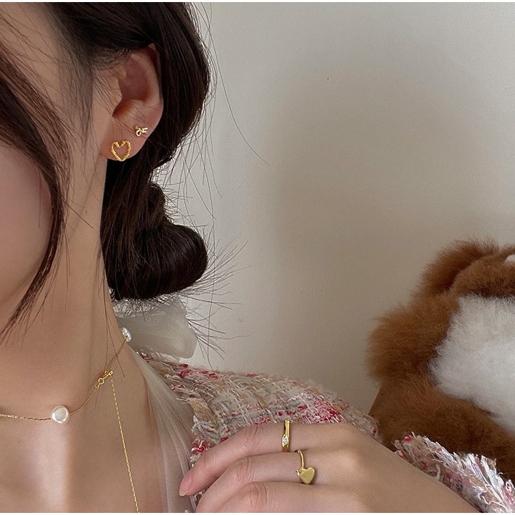 Suwann.na [ราคาต่อเซต] ต่างหู ต่างหูเงินแท้ เซตหัวใจโบว์ สีเงิน, ทอง รูปที่ 5