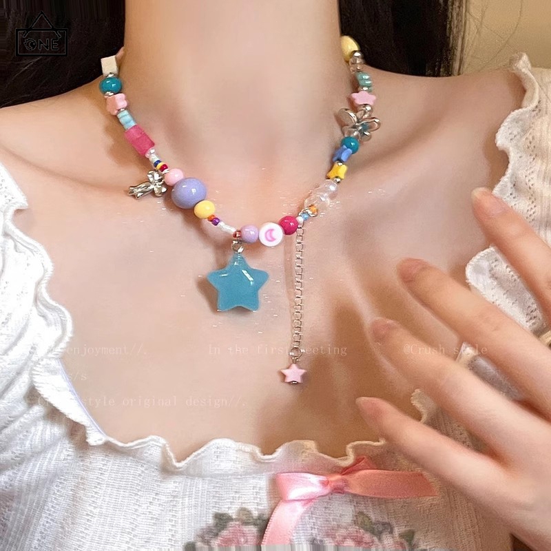 COD❤️พร้อมส่ง-สร้อยคอรูปดาวห้าแฉกที่มีสีสันY2Kแฟชั่นลูกปัดเกาหลีน่ารักสีชมพูลูกอมจี้สำหรับผู้หญิงเครื่องประดับ-a.one