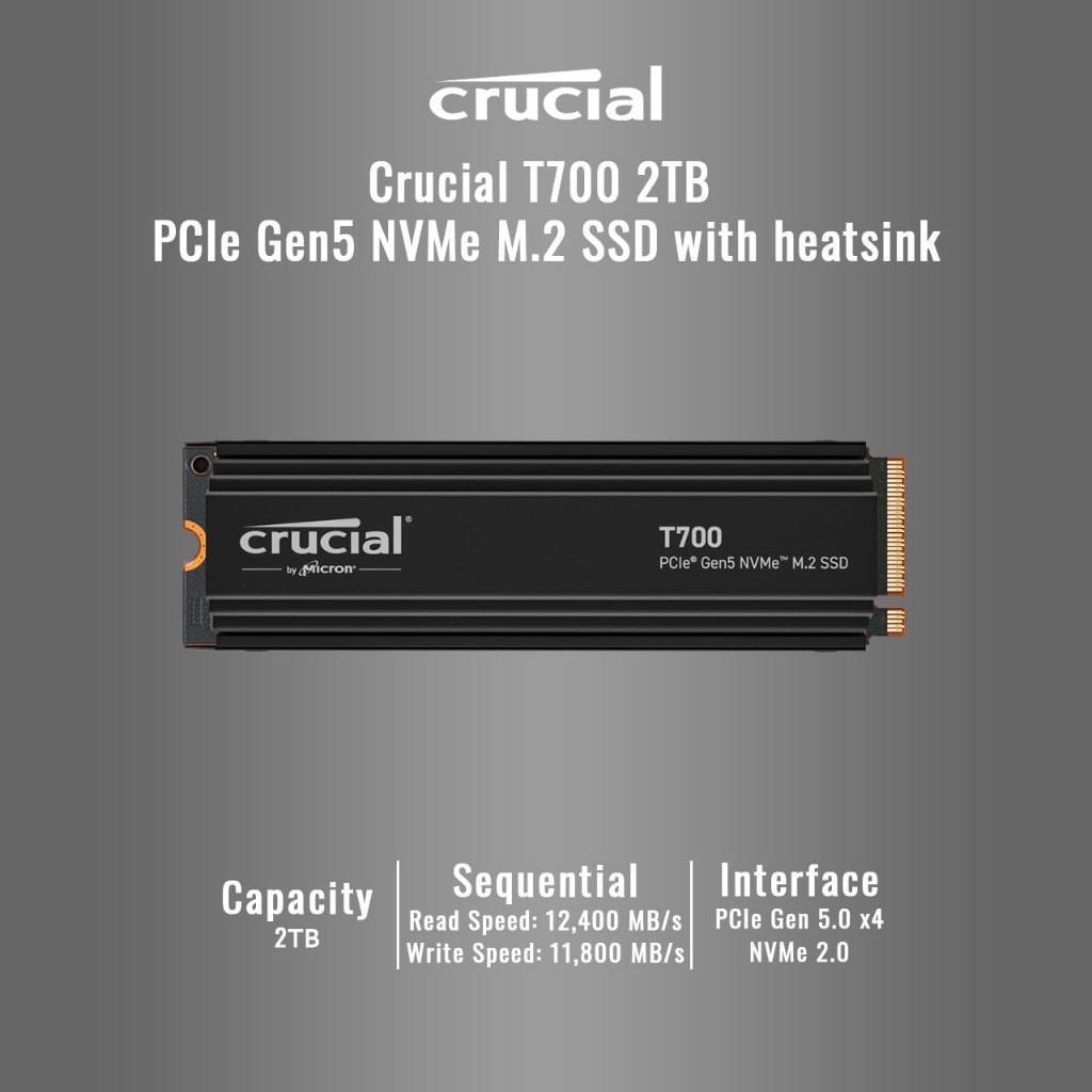 Crucial T700 2TB Gen5 M.2 SSD with heatsink 12,400 MB/s