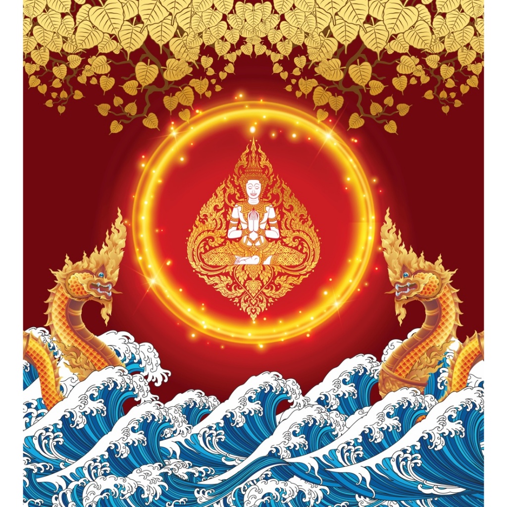 สติ๊กเกอร์ ภาพเทพพนม พญานาค สีทอง-พื้นแดง กาวในตัว ขนาด 100 x 110 ซม นิยมตกแต่งห้องพระ วัด สปาไทย