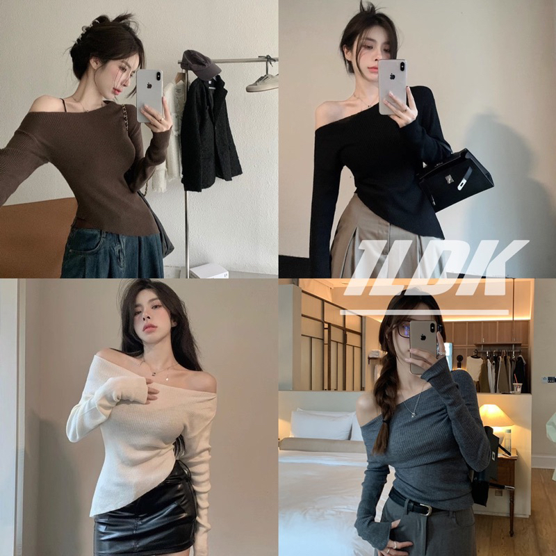 1LDK พร้อมส่ง เสื้อไหมพรม แขนยาว เปิดไหล่ ปาดข้างล่างข้างบน ผ้านิ่มบาง(95152)