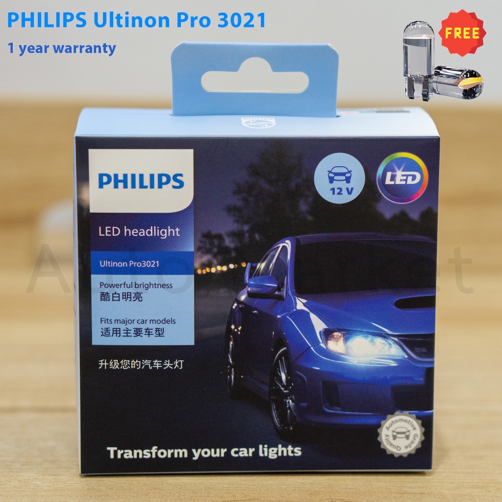 หลอดไฟหน้ารถยนต์ LED PHILIPS Ultinon Pro3021 แสงสีขาวนวล ความสว่าง + 150% แถมฟรีไฟหรี่ LED T10