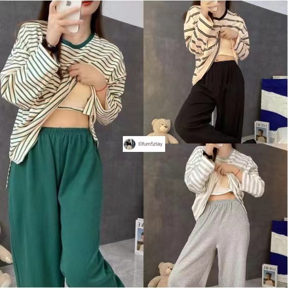 🔥🧽M-4XL(ราคาถูกที่สุด) ชุดนอนแผ่นรองหน้าอก，ชุดนอนผ้าฝ้ายฤดูใบไม้ร่วง， ลายขวาง， เสื้อแขนยาว， ขายาว+เสื้อยืด