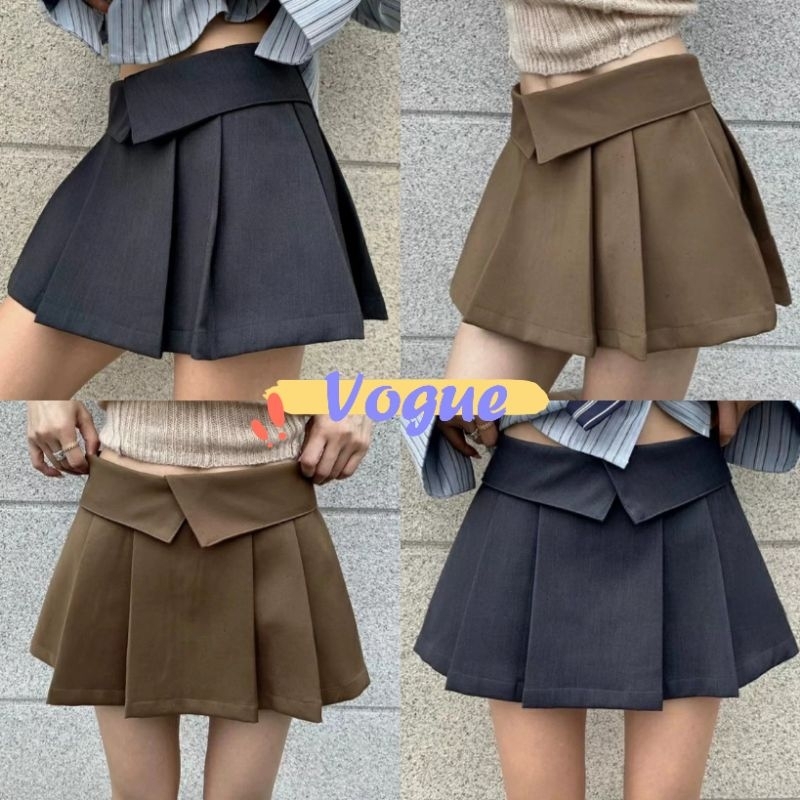 Vogue🌟พร้อมส่ง🌟  กระโปรงสั้นเอวสูงสะโพกสั้น กระโปรงเอวพับกลับพสีล มีซับในบางๆ ออกแบบ (2579) -NZ-XM