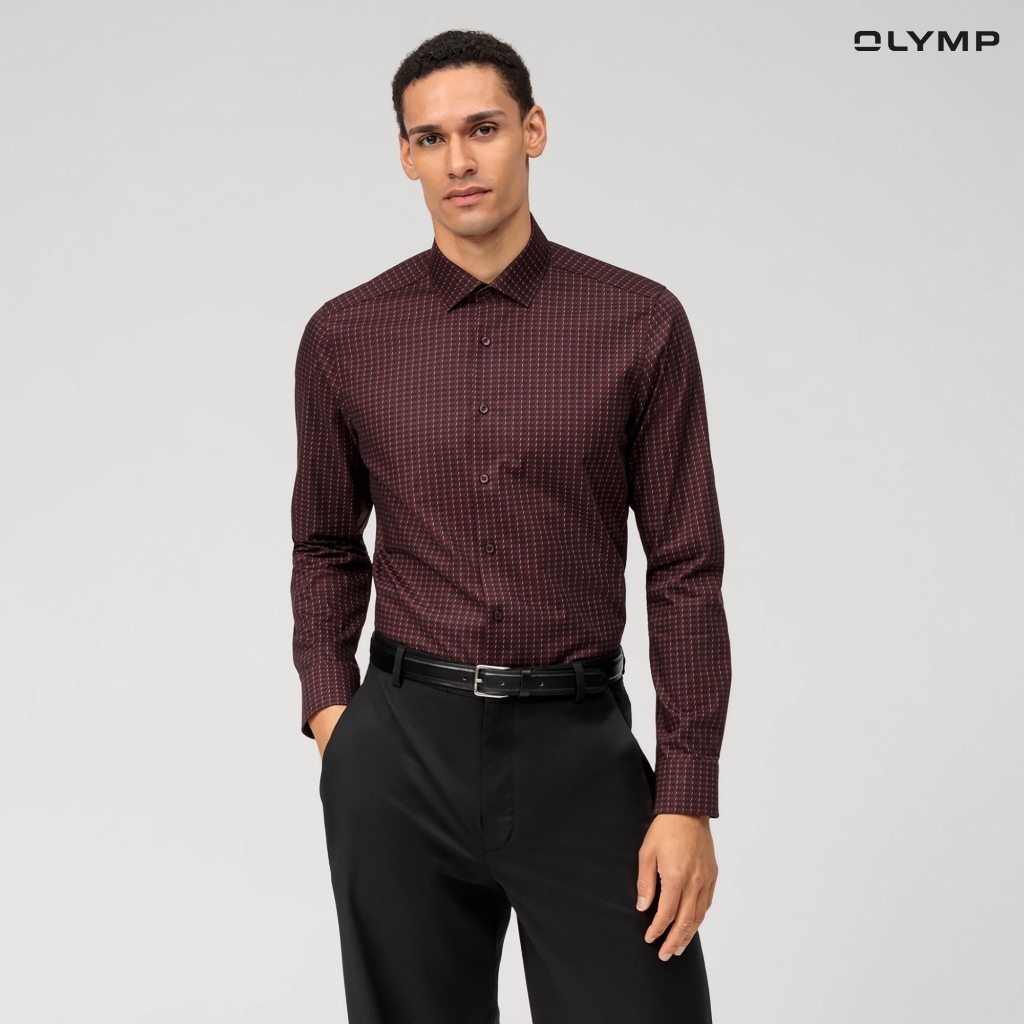 OLYMP Level Five Shirt เสื้อเชิ้ตชาย สีแดงเข้ม พิมพ์ลายกราฟิก ทรงพอดีตัว ยืดหยุ่นได้ดี รีดง่าย AUTU23