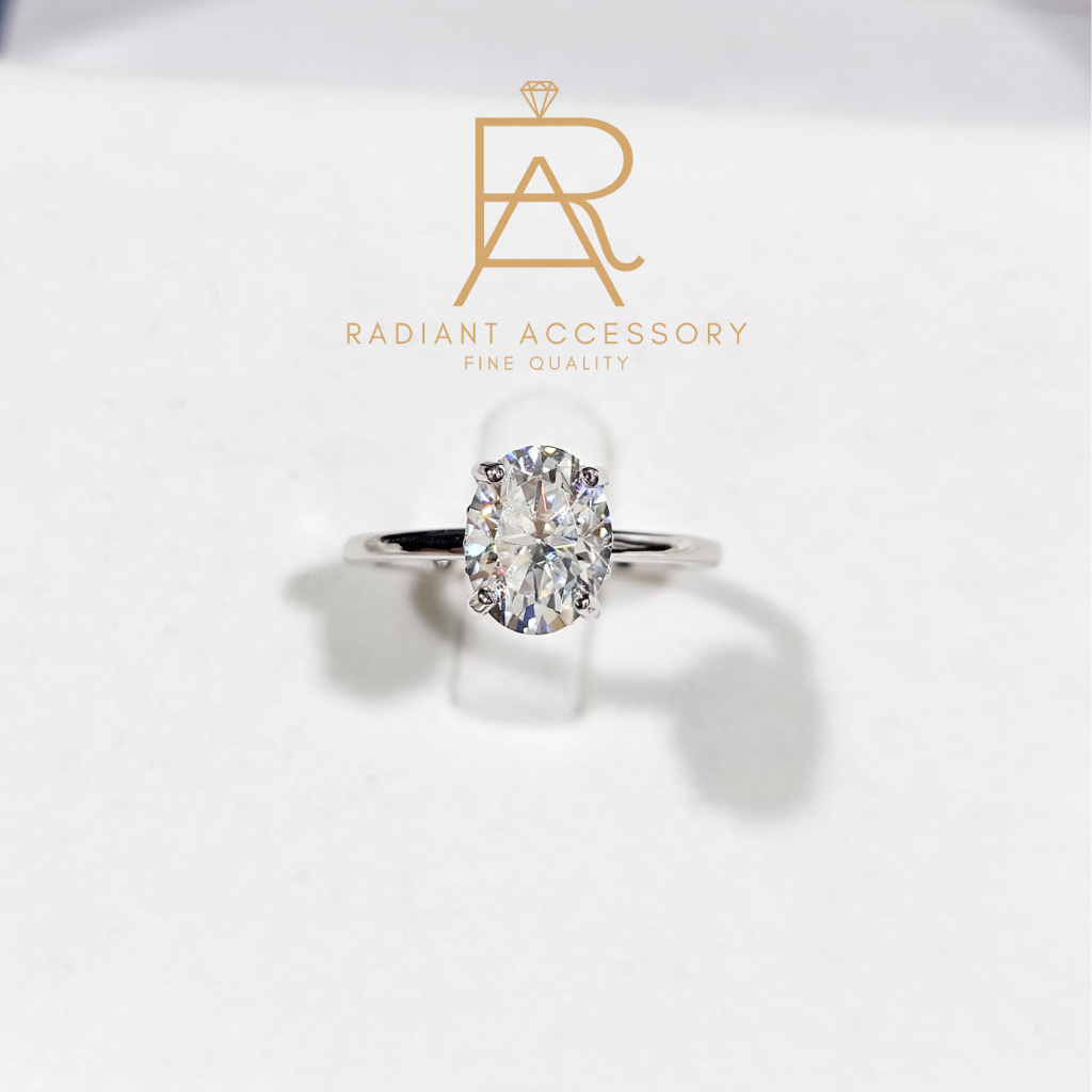 แหวนเงินแท้ ชุบทองคำขาว ฝังเพชร Moissanite Oval cut 2กะรัตและมีฝังใต้ฐาน