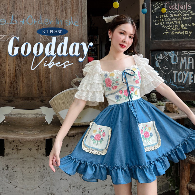 ส่งต่อ มินิเดรสยีนส์ปักโครเชต์ R96 Goodday vibes : From BLT brand มือสอง (มือเดียว) ไซต์ XS