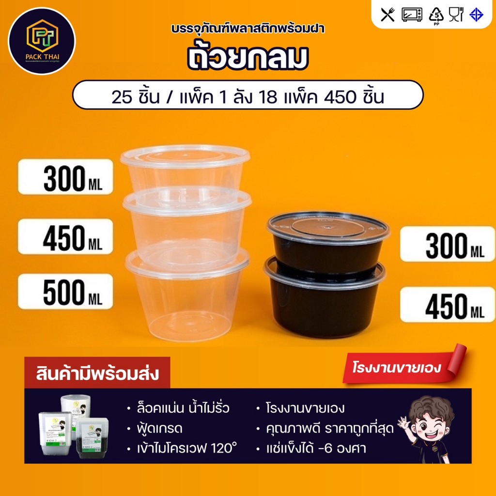 (แพ็ค50ชุด)ถ้วยกลมใส่อาหารพลาสติก/300/450/500ml