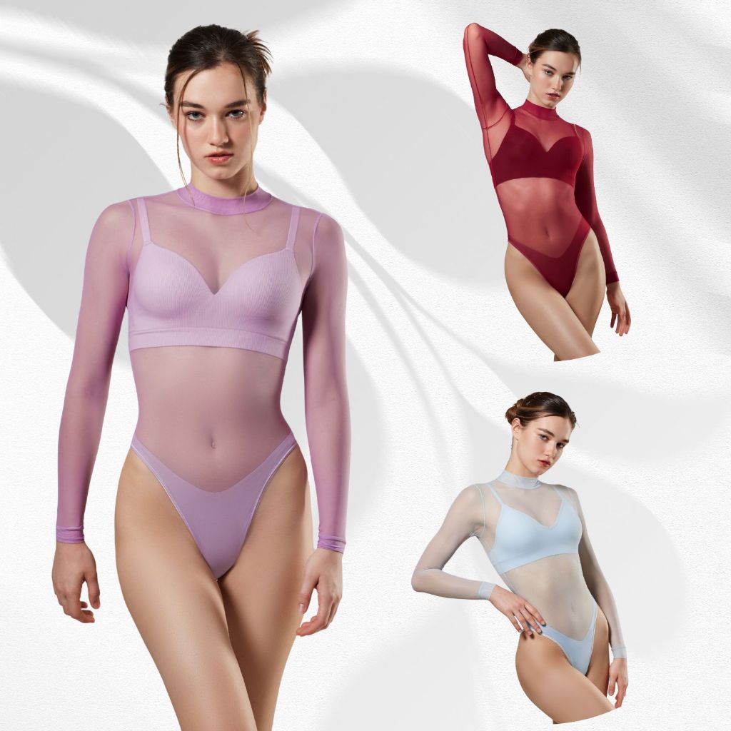 CHERILON Bodysuit เชอรีล่อน บอดี้สูท ซีทรู คอเต่า แขนยาว ผ้าตาข่าย โปร่งบางใส ดูเซ็กซี่ ยืดหยุ่น นุ่ม ใส่สบาย มี 3 สี สีม่วง สีฟ้า สีแดง ONIC-BSFC10