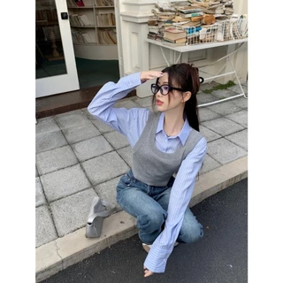 ส่งทันที Cici(NO. 01067)เสื้อครอปดีไซน์เก๋ เชิ๊ตคอปกแขนยาว เย็บติดคู่กับเสื้อกล้ามไหมพรม