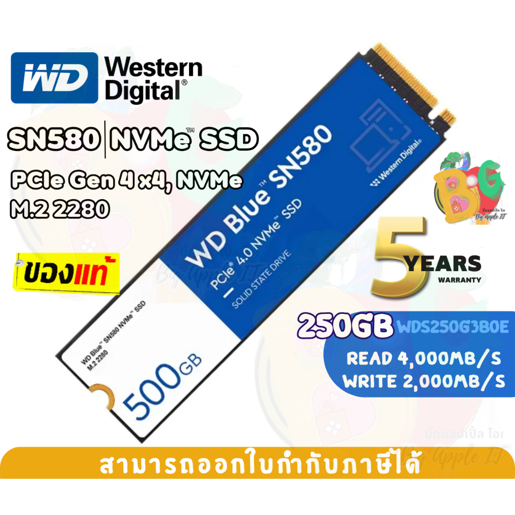 250GB SSD (เอสเอสดี) WD BLUE SN580 - PCIe 4x4 NVMe M.2 2280 (WDS250G3B0E) - 5Y