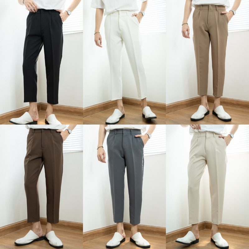 NEW PANTS กางเกงสแลคทรงกระบอกเล็กเอวสูงขาลอยมีหูเข็มขัด ver2