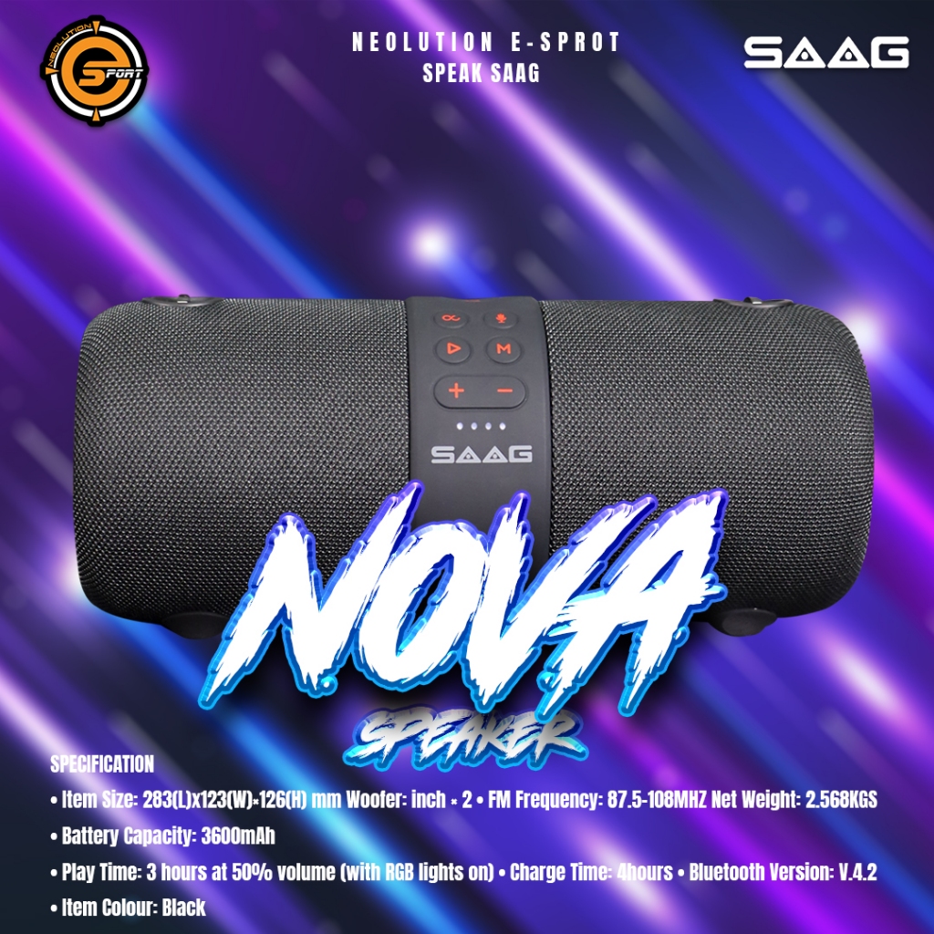 SAAG Bluetooth Speaker Nova ลำโพงบลูทูธ เบสแน่น กันน้ำ ไฟRGB ลำโพงพกพา