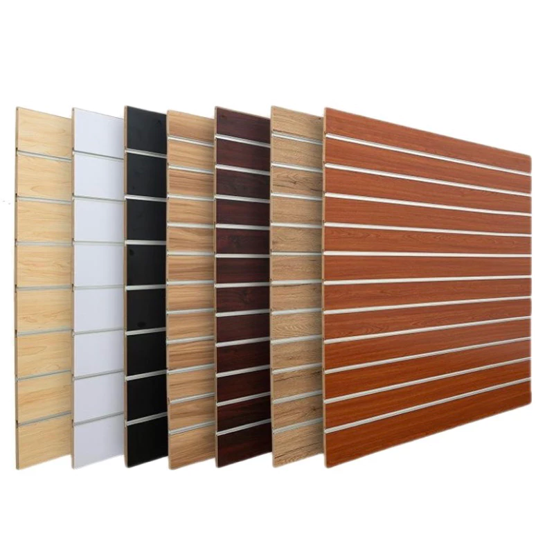 แผ่นผนังร่อง Slatwall Panel 122x122 ซม. MDF หนา 19 มม. พร้อมรางอลูมิเนียม แผ่นผนังเสียบ แผงโชว์สินค้า