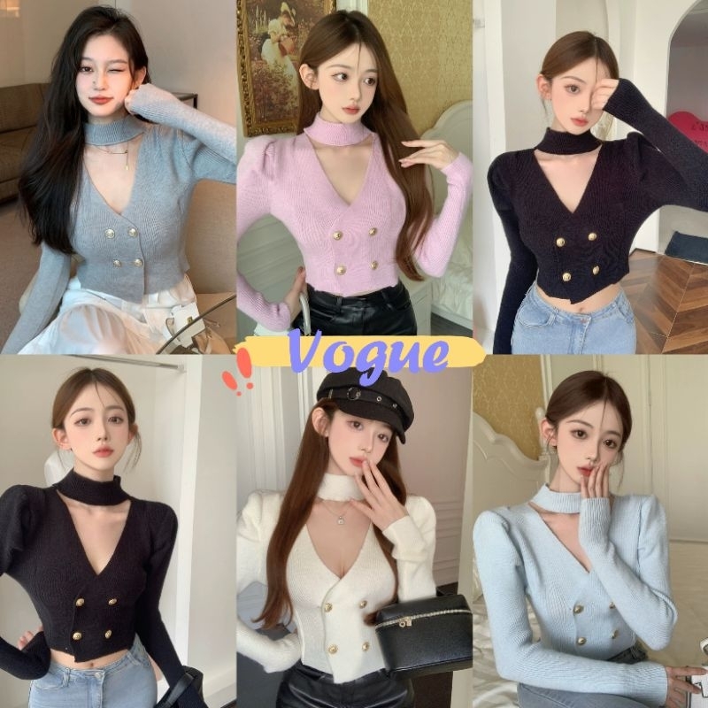 Vogue พร้อมส่ง เสื้อไหมพรมปขนยาว คอกลม กระดุมเรียบหรูมาก (A041) -C