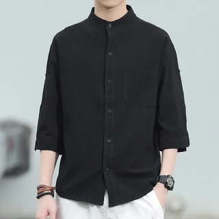 เสื้อเชิ้ตผู้ชายแขนสั้น เสื้อคอจีน ผ้าฝ้าย และผ้าลินิน ใส่สบาย เหมาะกับเดินชายหาด พร้อมส่ง