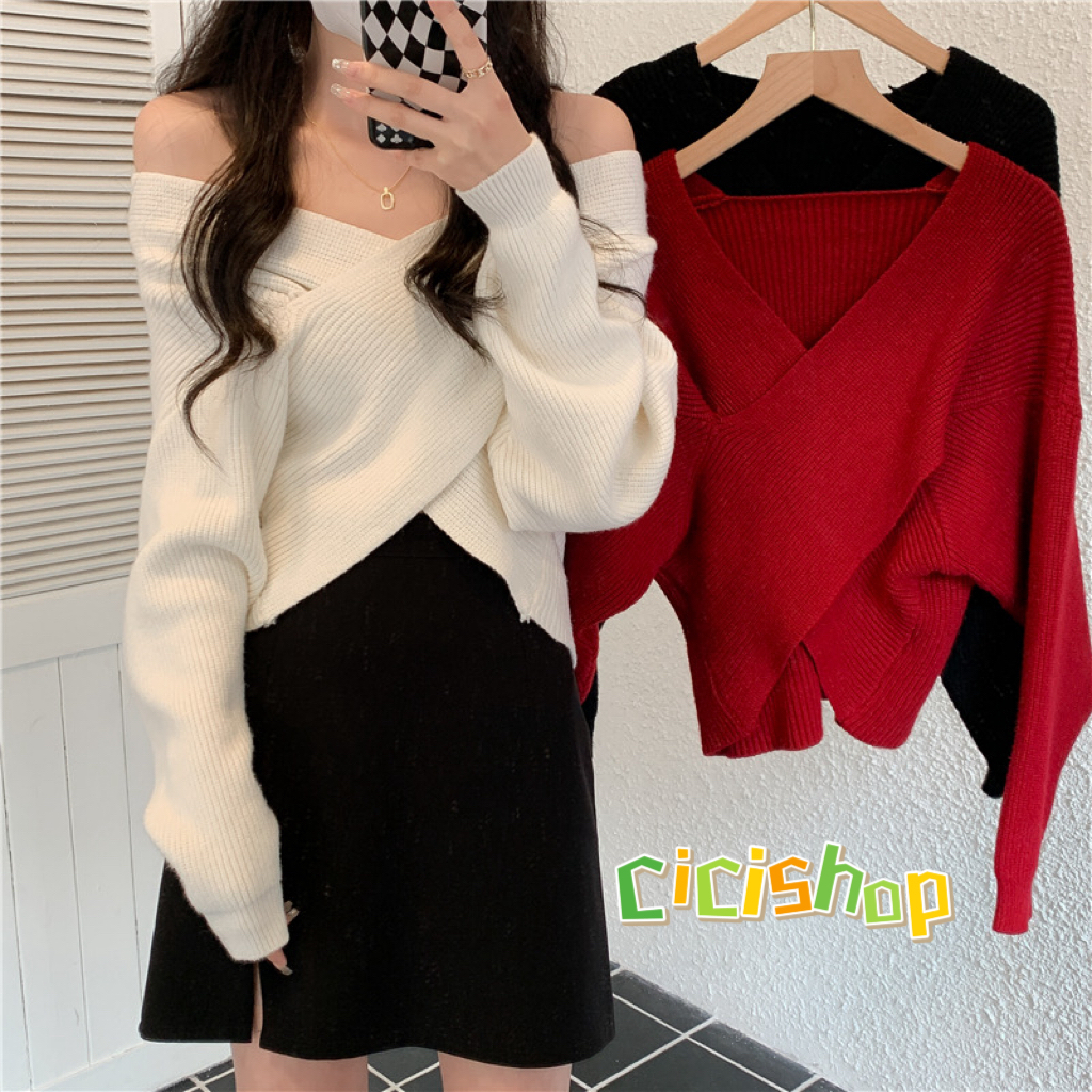Cicishop(C1725)เสื้อครอปไหมพรมแขนยาว ดีเทลแต่งด้านหน้าแซ่บม๊ากก