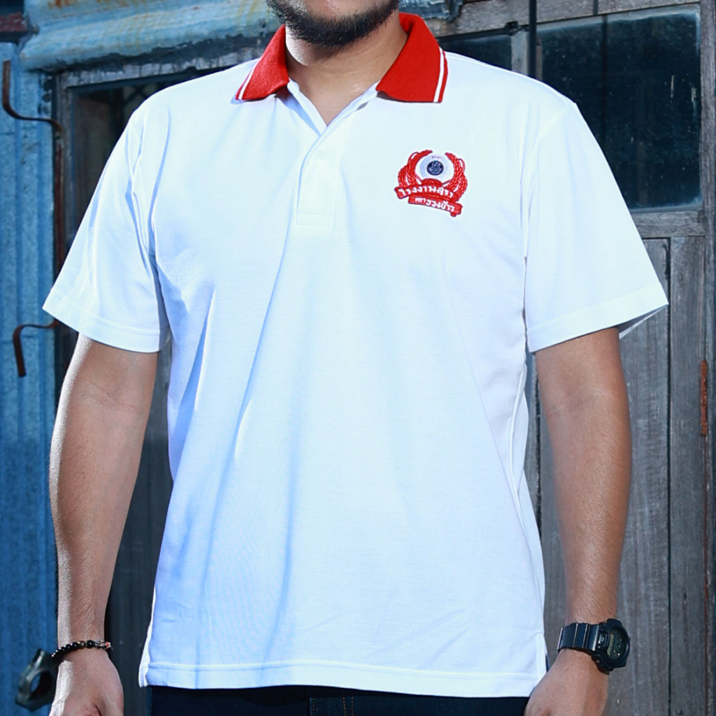 เสื้อโปโลรวงข้าวสีขาว ปกแดง คุณภาพพรีเมี่ยม