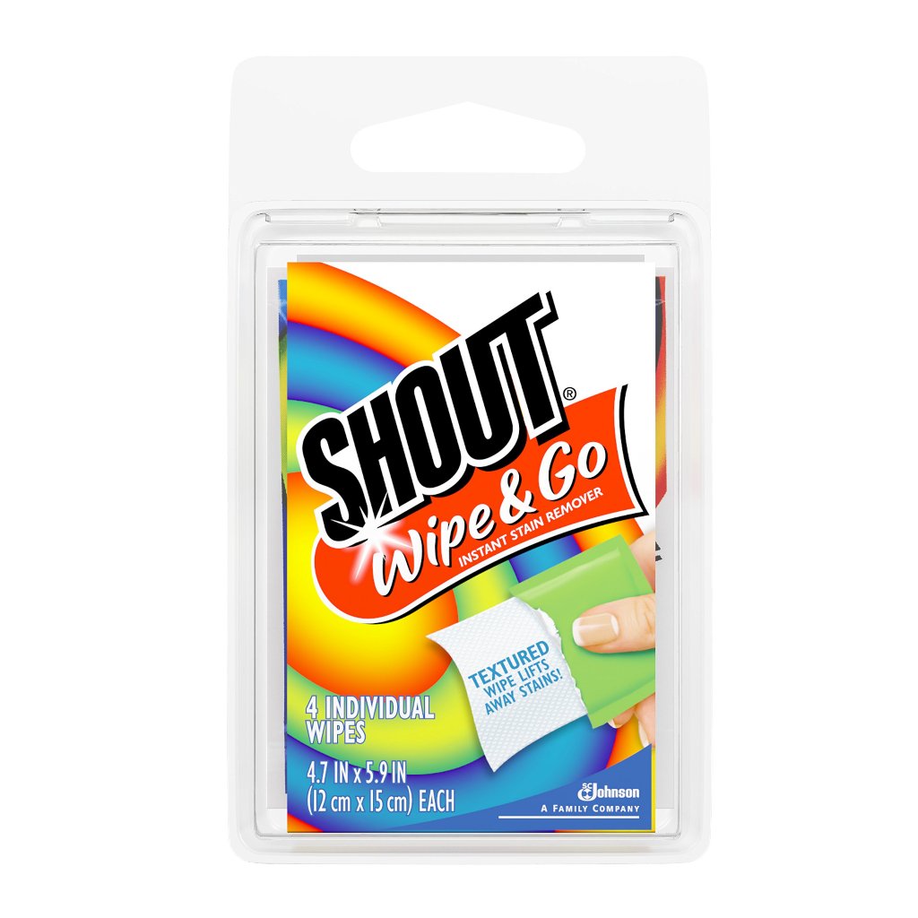 Shout Wipe & Go, Instant Stain Remover แผ่นเช็ดทำความสะอาด ขจัดคราบ บนเสื้อผ้า แบบพกพา 1กล่องบรรจุ 4 ชิ้น